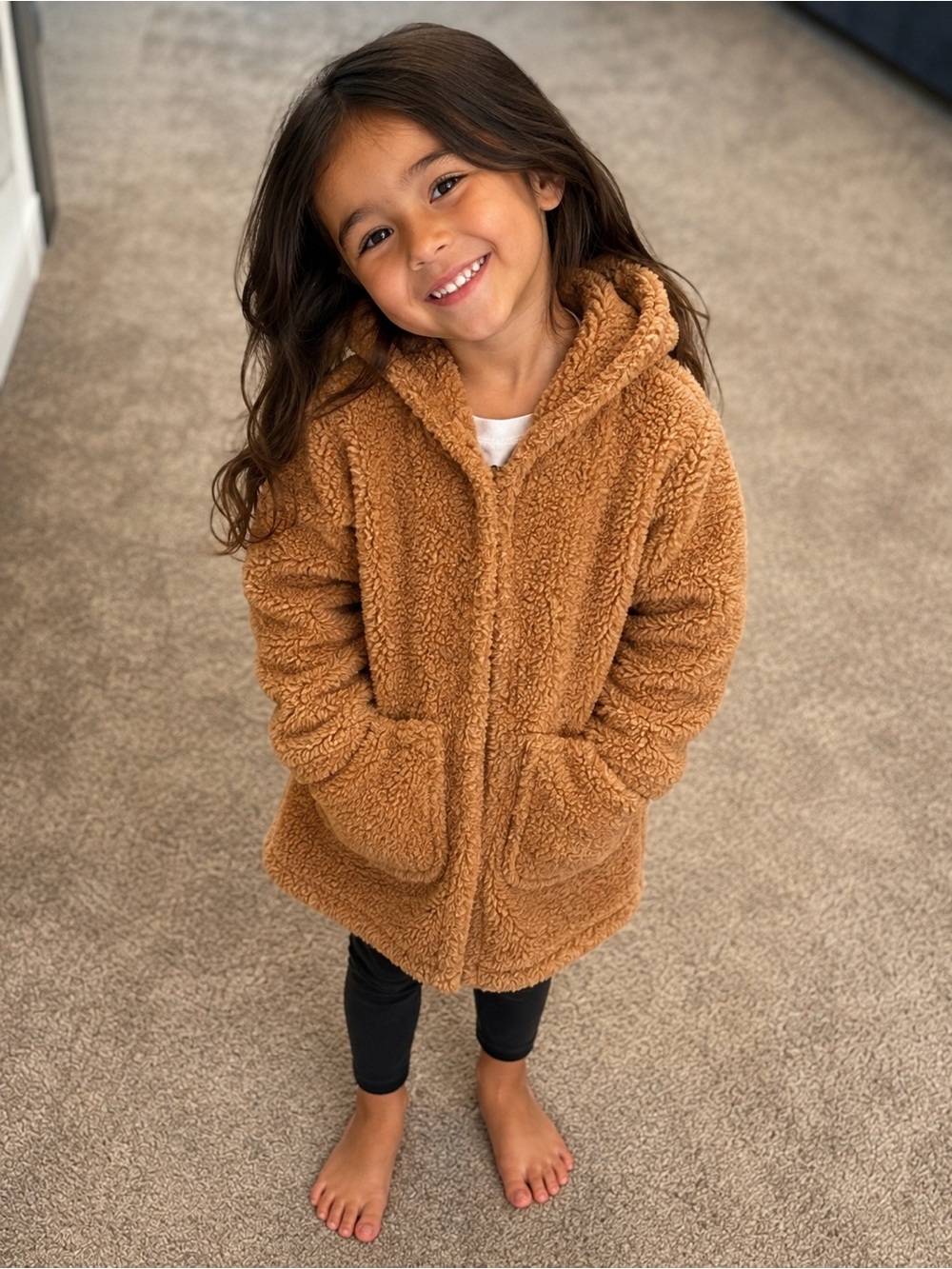 SHEIN Girls' Hooded Teddy Puffer Jacket - Camel Brown